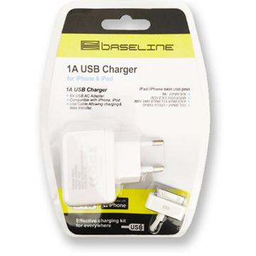 מטען USB לחשמל 1 אמפר+כבל לאייפון 4 BASELINE